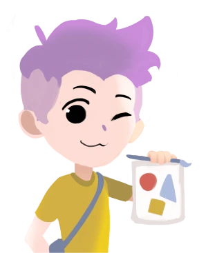 Personaje con camiseta amarilla, banda azul y formas geométricas