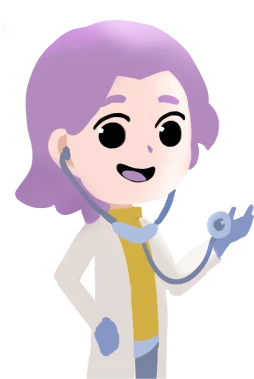 Personaje con bata de laboratorio, estetoscopio y guantes