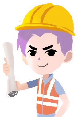 Personaje con casco y chaleco de construcción sosteniendo un plano